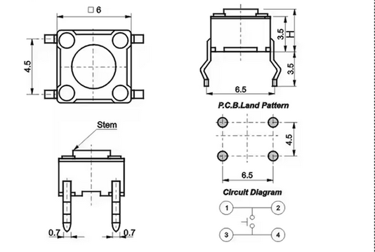 5-PACK: Miscro push tactile switch 6x6x10